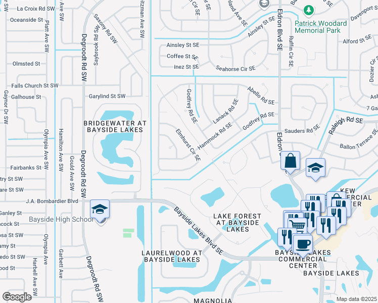map of restaurants, bars, coffee shops, grocery stores, and more near 1632 Elmhurst Circle Southeast in Palm Bay