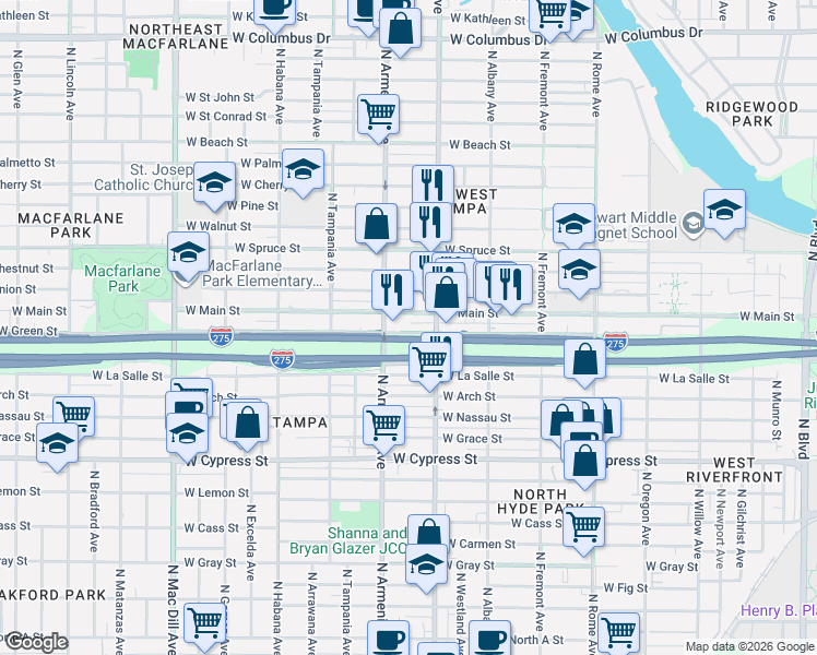 map of restaurants, bars, coffee shops, grocery stores, and more near 2310 West Main Street in Tampa