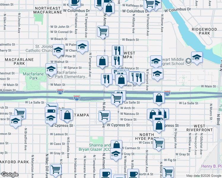 map of restaurants, bars, coffee shops, grocery stores, and more near 2310 West Main Street in Tampa