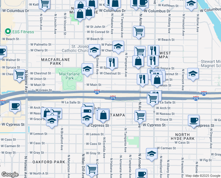 map of restaurants, bars, coffee shops, grocery stores, and more near 2906 West Main Street in Tampa