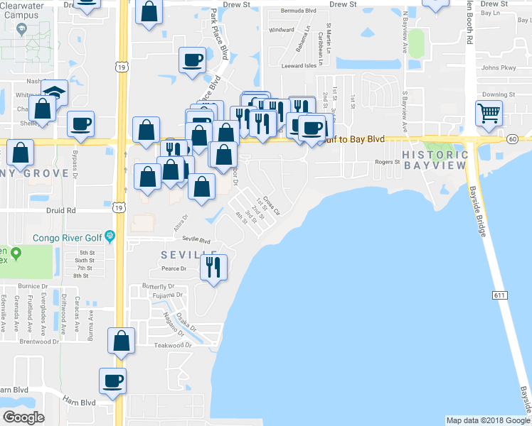 map of restaurants, bars, coffee shops, grocery stores, and more near 585 Sky Harbor Drive in Clearwater