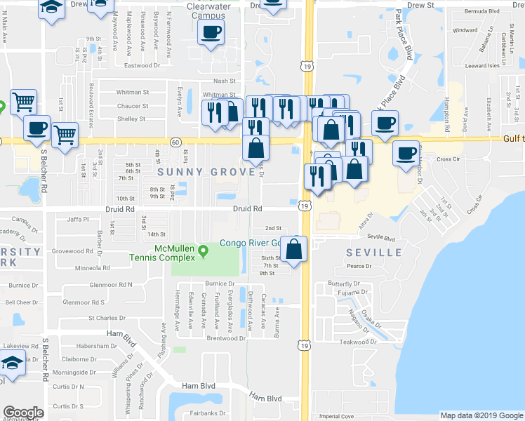 map of restaurants, bars, coffee shops, grocery stores, and more near 559 Druid Road in Clearwater