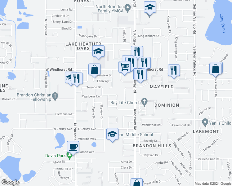 map of restaurants, bars, coffee shops, grocery stores, and more near 416 Cranberry Lane in Brandon