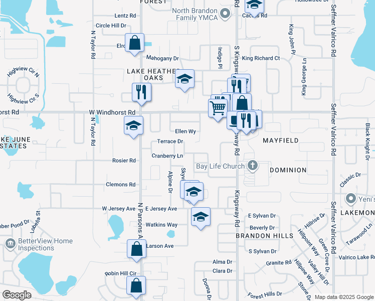map of restaurants, bars, coffee shops, grocery stores, and more near 318 Terrace Drive in Brandon