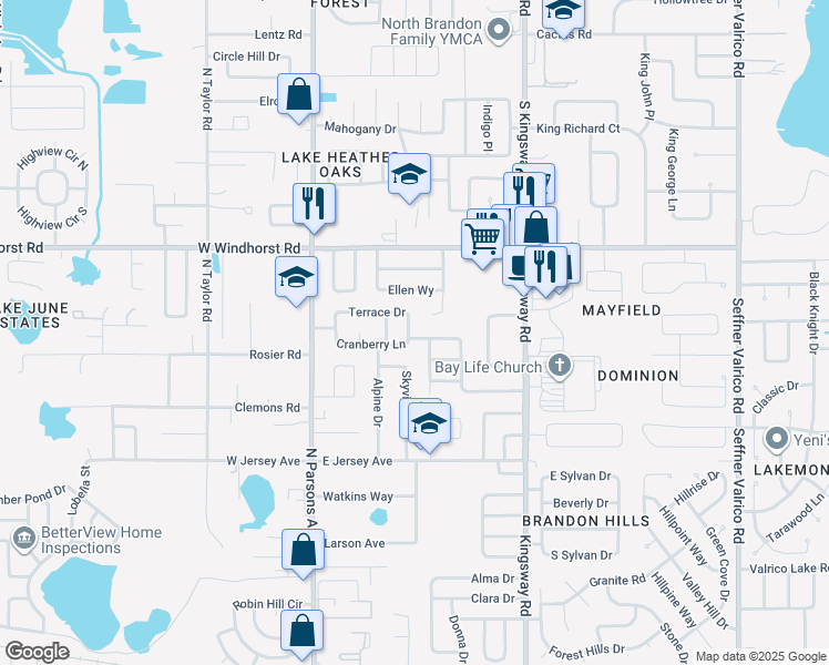 map of restaurants, bars, coffee shops, grocery stores, and more near 315 Terrace Drive in Brandon