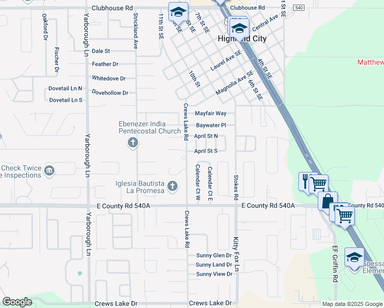 map of restaurants, bars, coffee shops, grocery stores, and more near 4109 April Street South in Lakeland