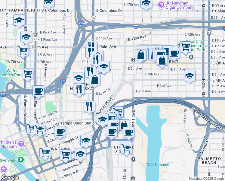map of restaurants, bars, coffee shops, grocery stores, and more near 1339 East Scott Drive in Tampa