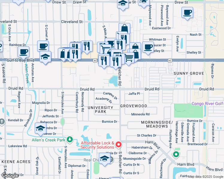 map of restaurants, bars, coffee shops, grocery stores, and more near 2162 Druid Road in Clearwater