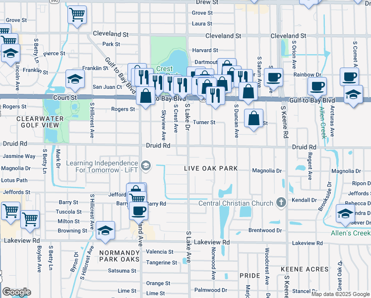 map of restaurants, bars, coffee shops, grocery stores, and more near 1585 Druid Road in Clearwater