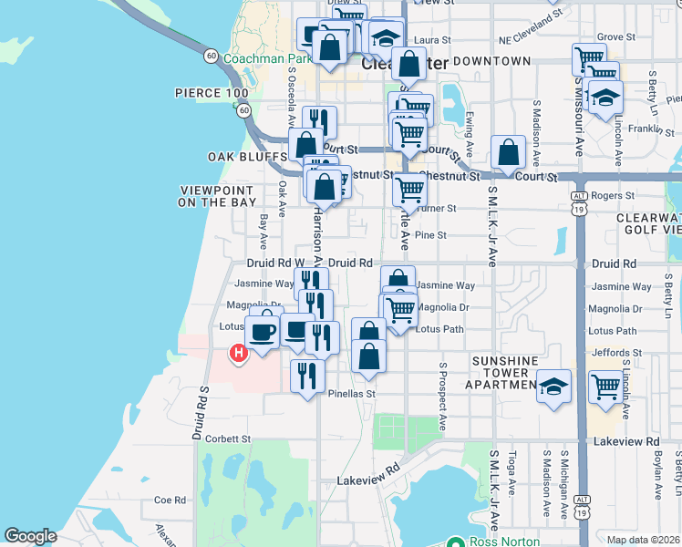 map of restaurants, bars, coffee shops, grocery stores, and more near 611 Druid Road in Clearwater