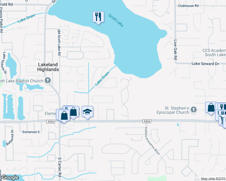 map of restaurants, bars, coffee shops, grocery stores, and more near 1263 Scottsland Drive in Lakeland