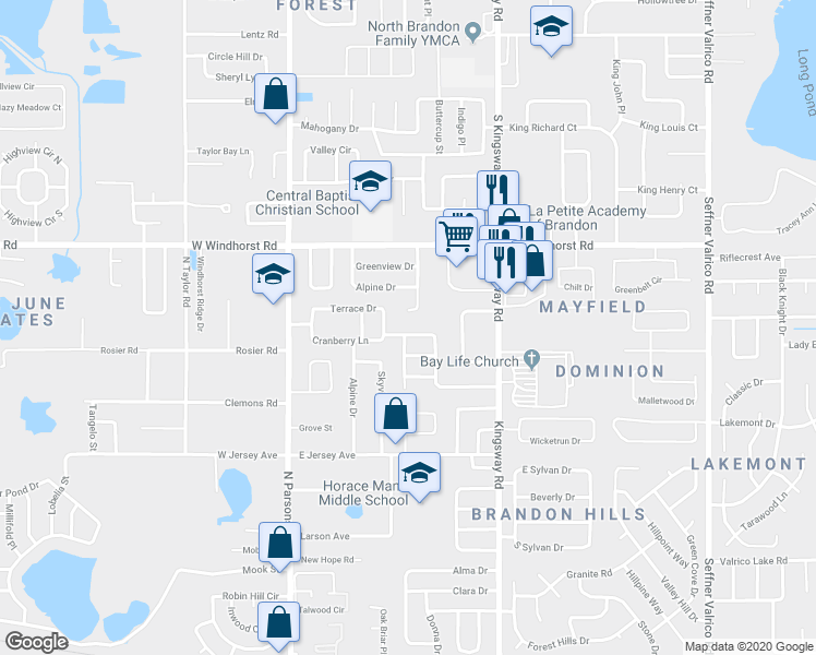 map of restaurants, bars, coffee shops, grocery stores, and more near 408 Cranberry Lane in Brandon