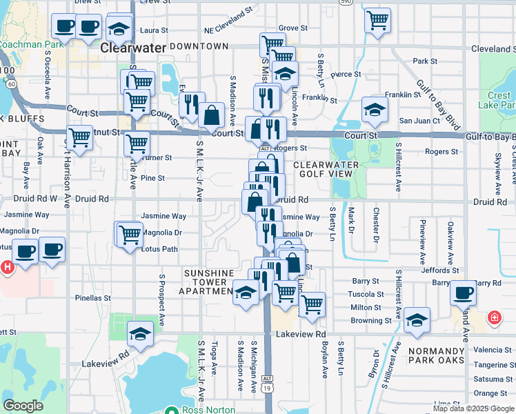 map of restaurants, bars, coffee shops, grocery stores, and more near in Clearwater