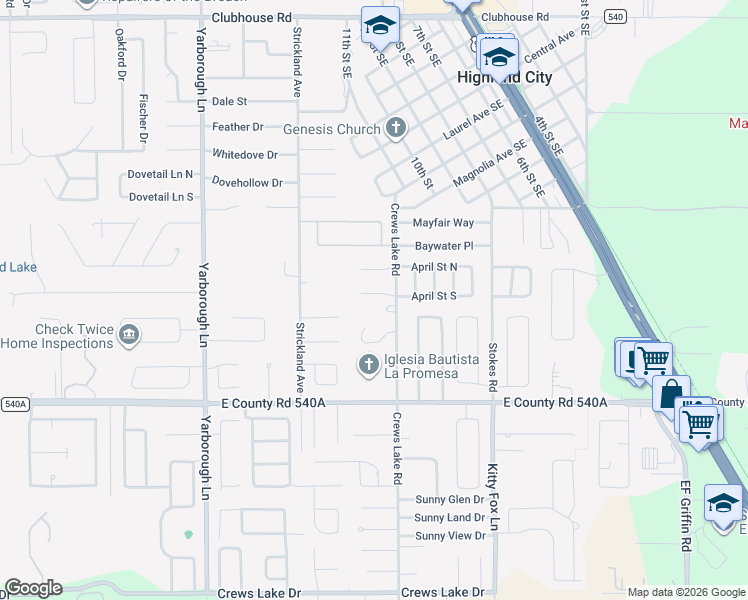 map of restaurants, bars, coffee shops, grocery stores, and more near 4041 April Street North in Lakeland