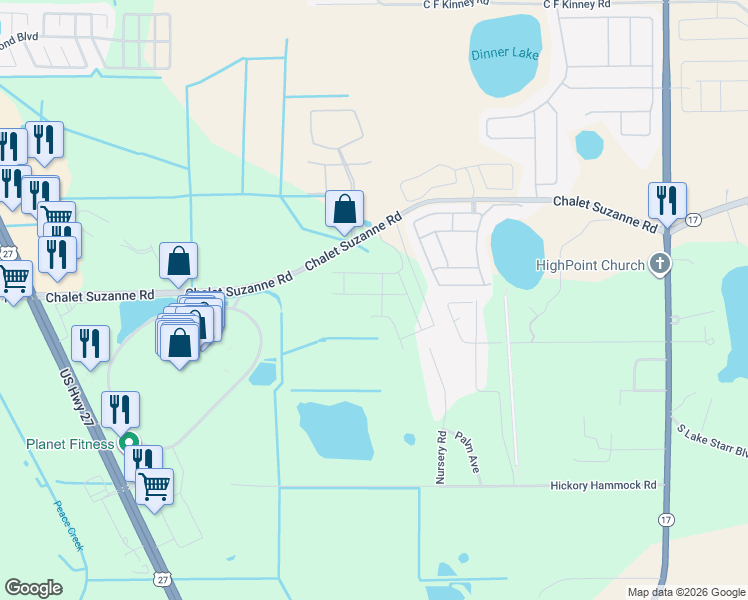 map of restaurants, bars, coffee shops, grocery stores, and more near 845 Kris Kros Lane in Lake Wales