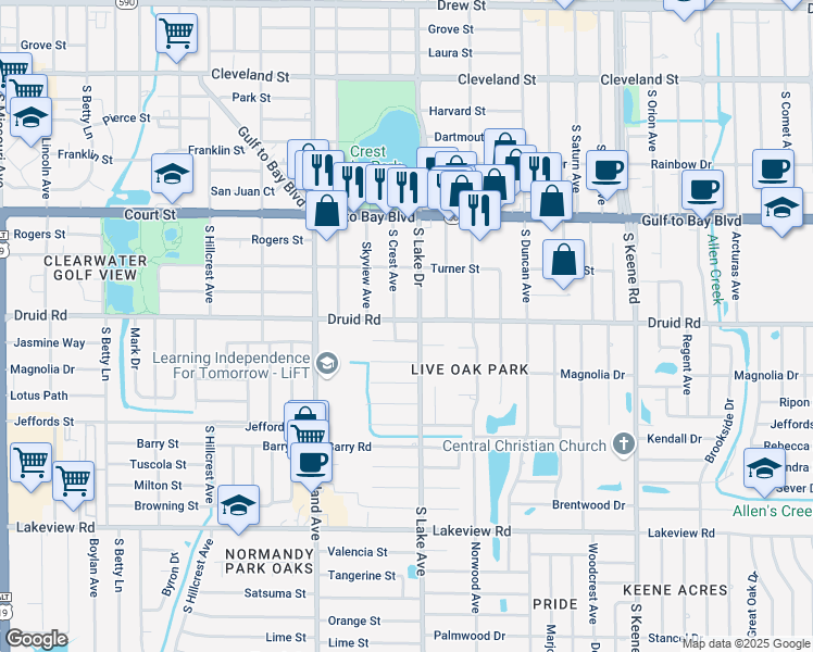 map of restaurants, bars, coffee shops, grocery stores, and more near 1585 Druid Road in Clearwater