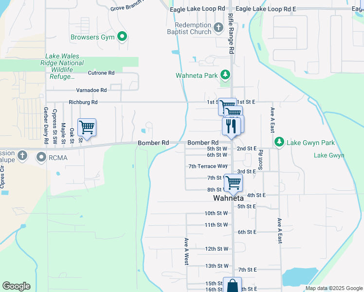 map of restaurants, bars, coffee shops, grocery stores, and more near 106 Bomber Road in Wahneta