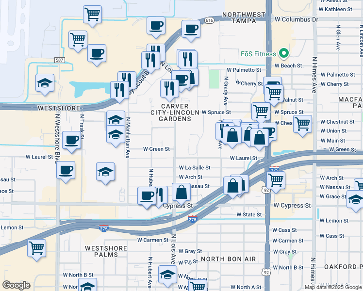map of restaurants, bars, coffee shops, grocery stores, and more near 1513 North Lois Avenue in Tampa