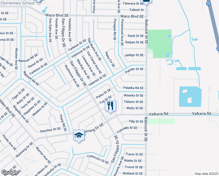 map of restaurants, bars, coffee shops, grocery stores, and more near 1628 Windsor Avenue Southeast in Palm Bay