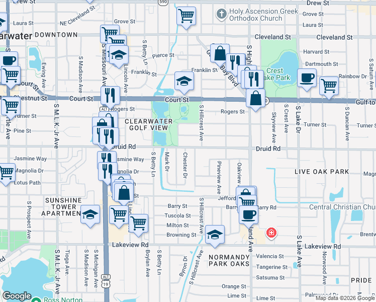 map of restaurants, bars, coffee shops, grocery stores, and more near 803 Chester Drive in Clearwater