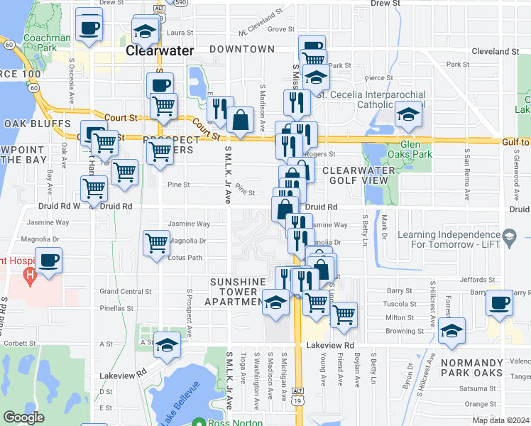 map of restaurants, bars, coffee shops, grocery stores, and more near 2 Fleetwood Circle South in Clearwater