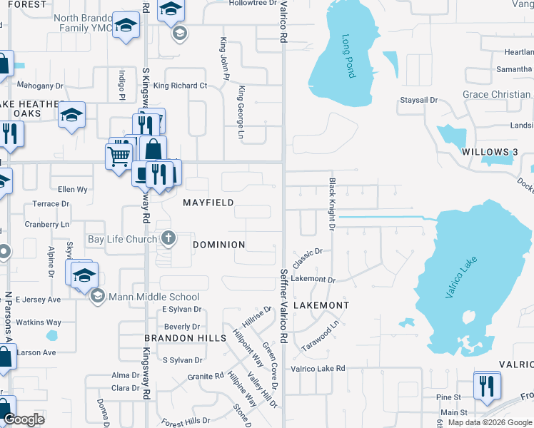 map of restaurants, bars, coffee shops, grocery stores, and more near 918 Sandywood Drive in Brandon
