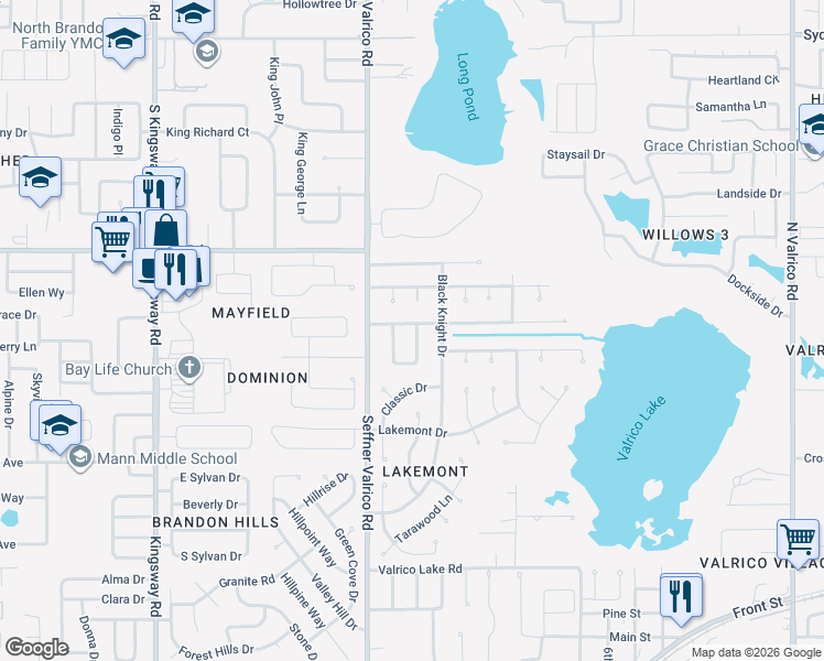 map of restaurants, bars, coffee shops, grocery stores, and more near 1124 King Arthur Court in Valrico