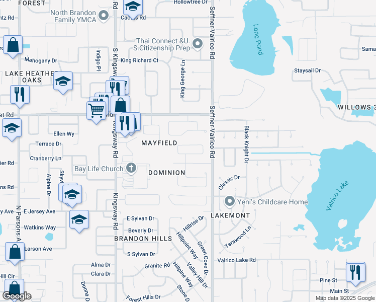 map of restaurants, bars, coffee shops, grocery stores, and more near 954 Sandywood Drive in Brandon