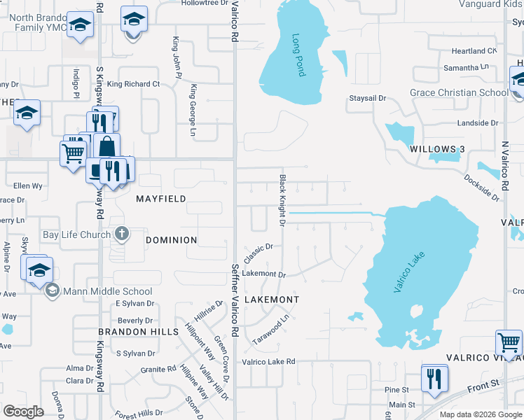 map of restaurants, bars, coffee shops, grocery stores, and more near 1124 King Arthur Court in Valrico