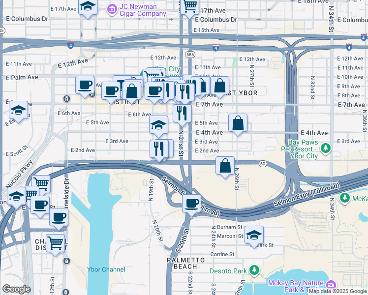 map of restaurants, bars, coffee shops, grocery stores, and more near 2102 East 2nd Avenue in Tampa