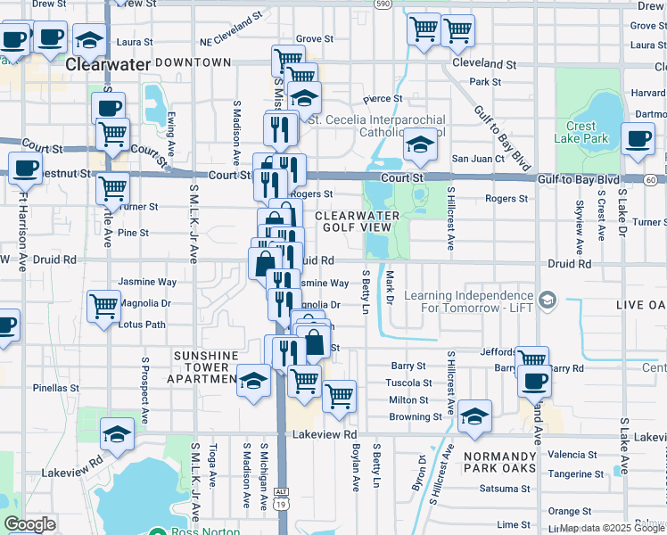 map of restaurants, bars, coffee shops, grocery stores, and more near 1259 Druid Road in Clearwater