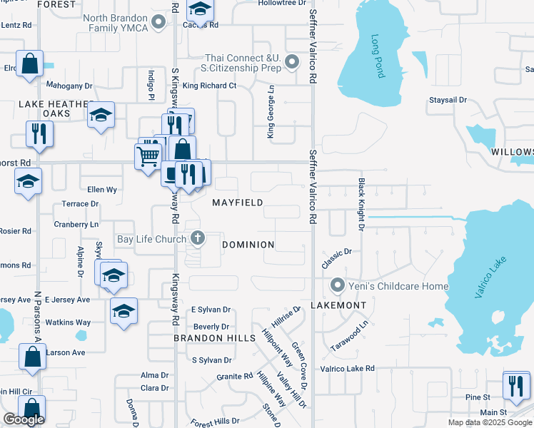 map of restaurants, bars, coffee shops, grocery stores, and more near 954 Sandywood Drive in Brandon