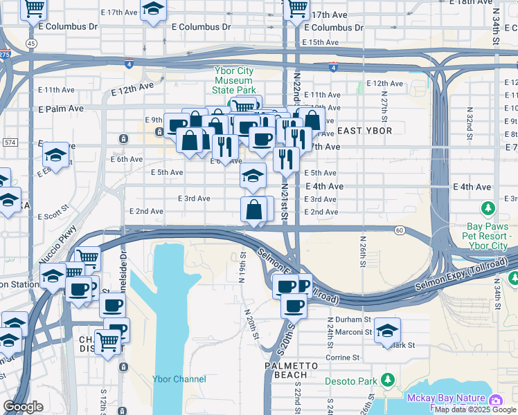map of restaurants, bars, coffee shops, grocery stores, and more near 1910 East 2nd Avenue in Tampa