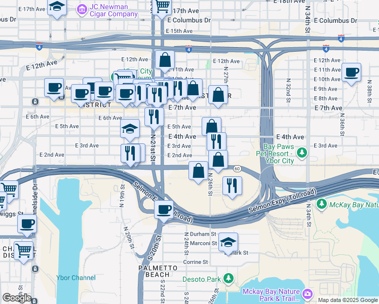 map of restaurants, bars, coffee shops, grocery stores, and more near 1304 North 24th Street in Tampa