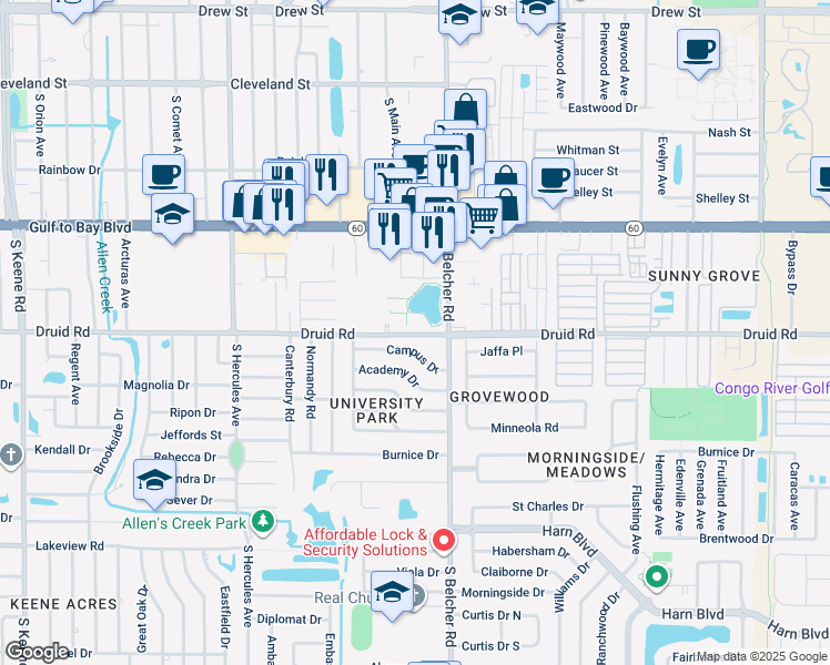 map of restaurants, bars, coffee shops, grocery stores, and more near 2162 Druid Road in Clearwater