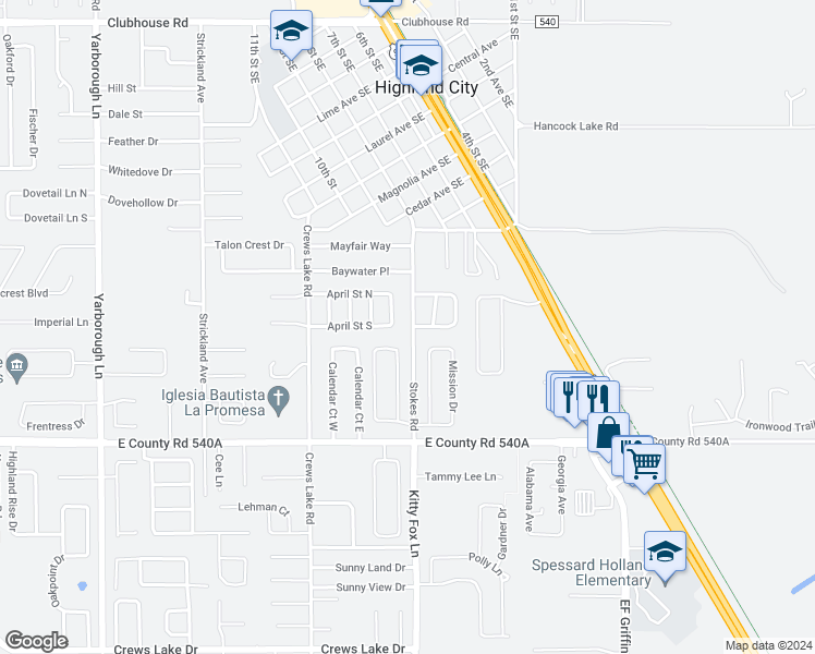 map of restaurants, bars, coffee shops, grocery stores, and more near 5933 Stokes Road in Lakeland