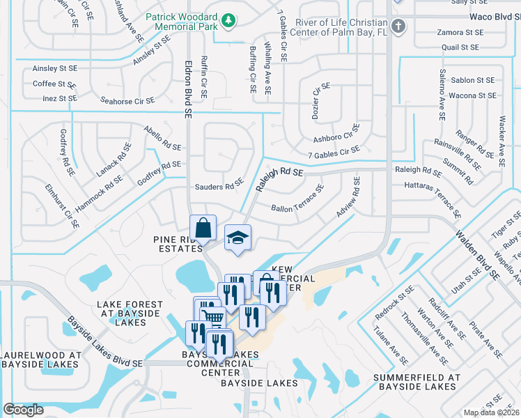 map of restaurants, bars, coffee shops, grocery stores, and more near 614 Ballon Terrace Southeast in Palm Bay