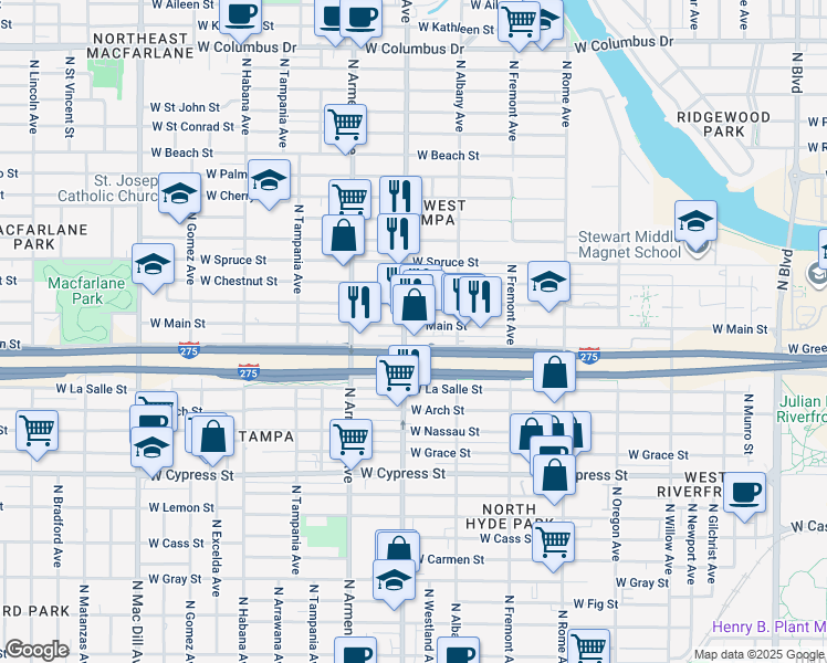 map of restaurants, bars, coffee shops, grocery stores, and more near 2128 West Main Street in Tampa