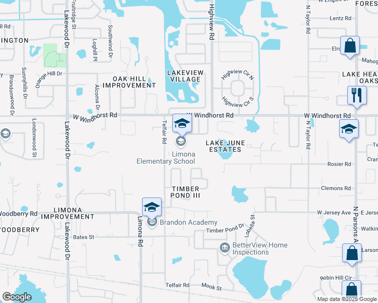 map of restaurants, bars, coffee shops, grocery stores, and more near 1115 Telfair Road in Brandon