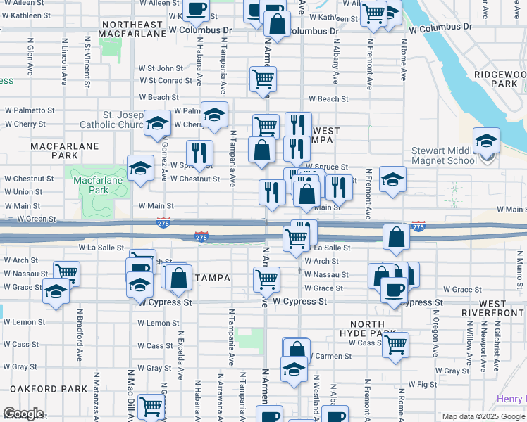 map of restaurants, bars, coffee shops, grocery stores, and more near 2502 West Main Street in Tampa