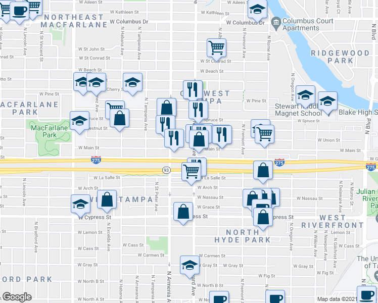 map of restaurants, bars, coffee shops, grocery stores, and more near 2310 West Main Street in Tampa