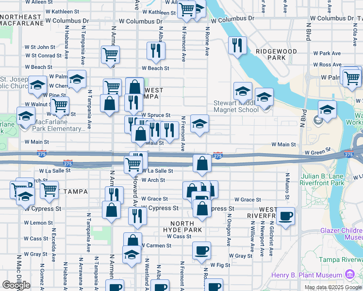 map of restaurants, bars, coffee shops, grocery stores, and more near 1904 West Main Street in Tampa