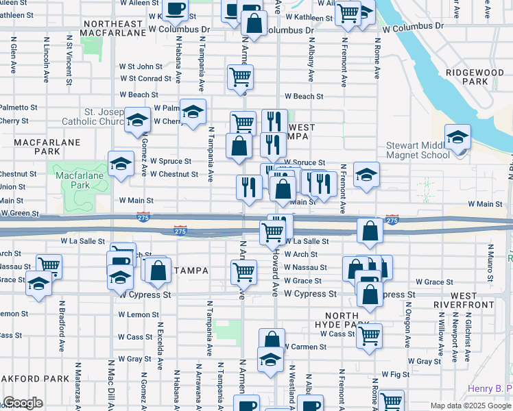 map of restaurants, bars, coffee shops, grocery stores, and more near 2310 West Main Street in Tampa