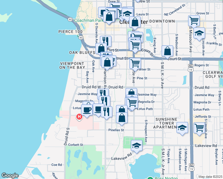 map of restaurants, bars, coffee shops, grocery stores, and more near 611 Druid Road in Clearwater