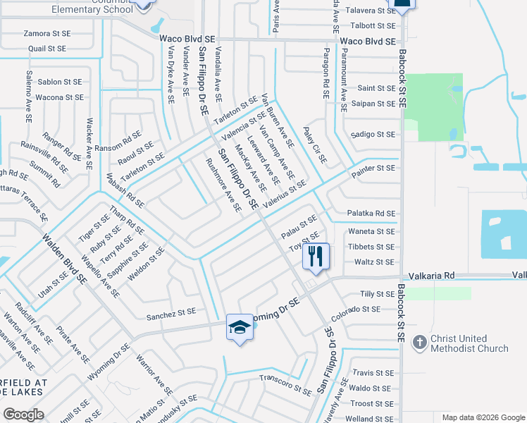 map of restaurants, bars, coffee shops, grocery stores, and more near 1406 Valerius Street Southeast in Palm Bay