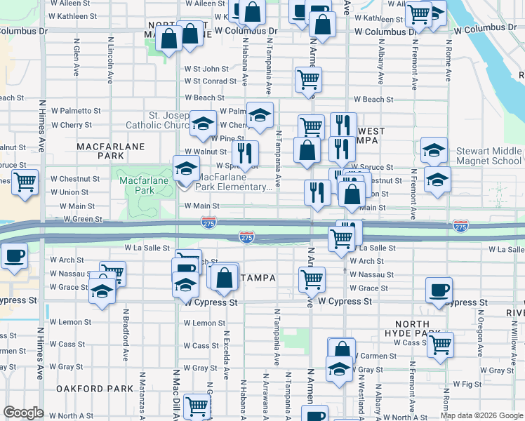 map of restaurants, bars, coffee shops, grocery stores, and more near 2722 West Main Street in Tampa