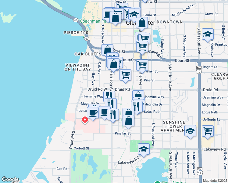 map of restaurants, bars, coffee shops, grocery stores, and more near 800 South Fort Harrison Avenue in Clearwater