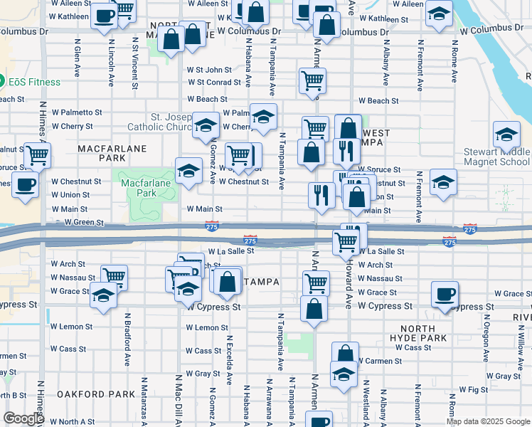 map of restaurants, bars, coffee shops, grocery stores, and more near 2722 West Main Street in Tampa