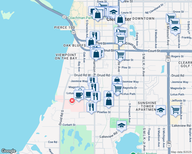 map of restaurants, bars, coffee shops, grocery stores, and more near 800 South Fort Harrison Avenue in Clearwater
