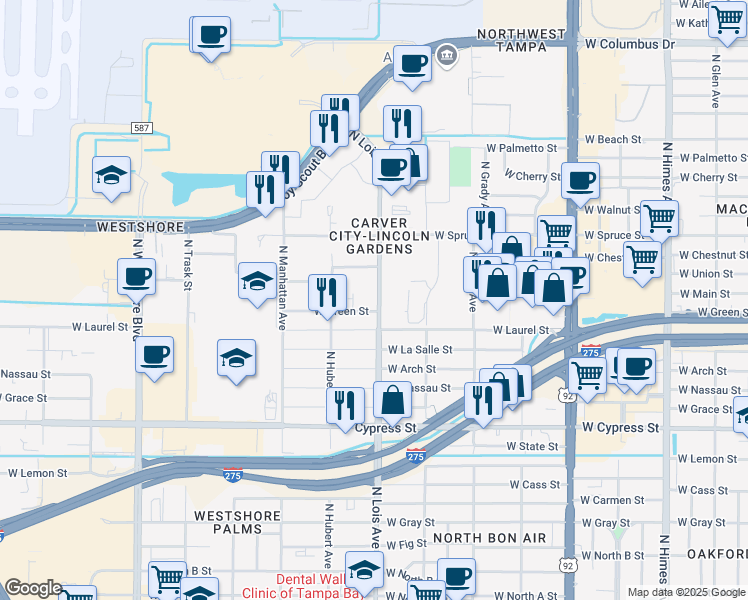 map of restaurants, bars, coffee shops, grocery stores, and more near 1513 North Lois Avenue in Tampa